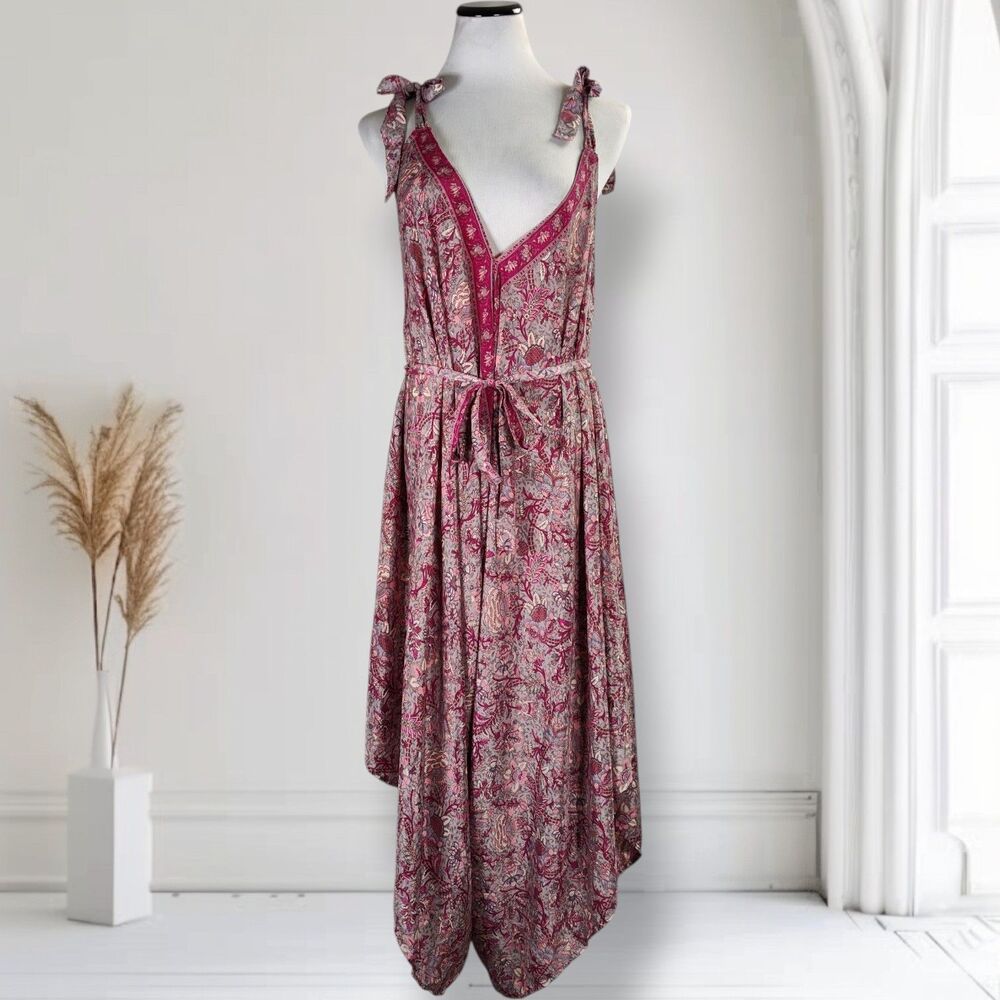 Karma Highway Boho Harem Pink  Viscose Jumpsuit OS Paisley Tie Straps Crop